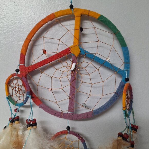 Peace Sign Rainbow Dreamcatcher‎ Feathers Beads Handmade Boho Native Traditions - Picture 7 of 10